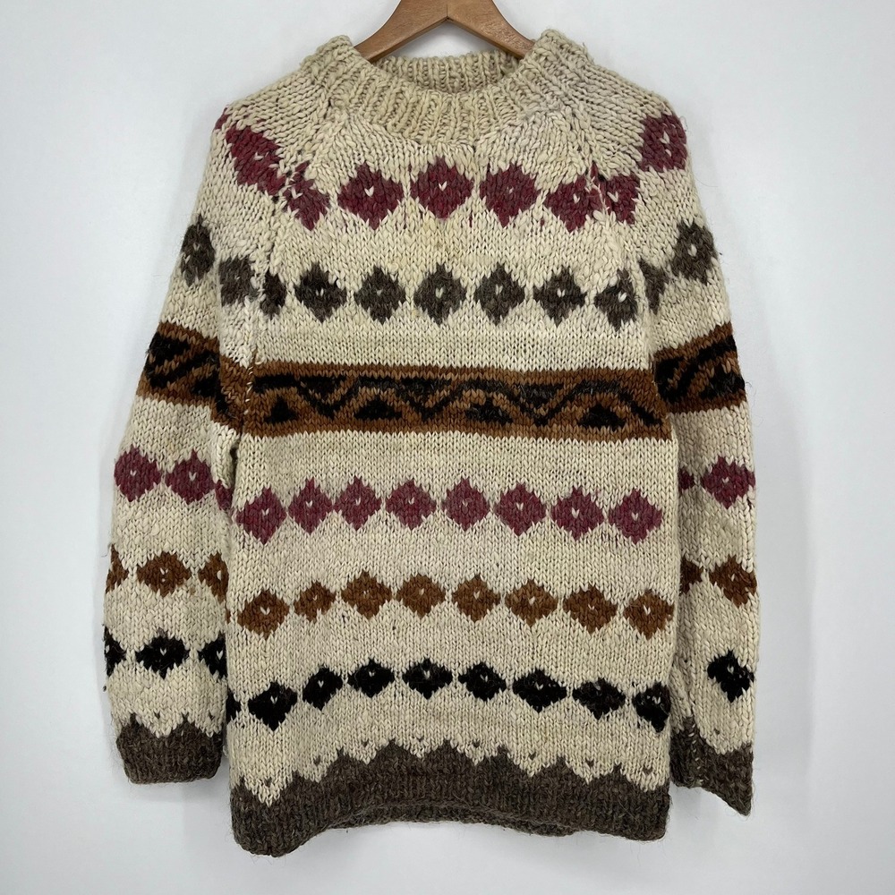 Handmade in Ecuador Mens 100% Wool Chunky Knit Fair Isle Geometric Sweater Cream